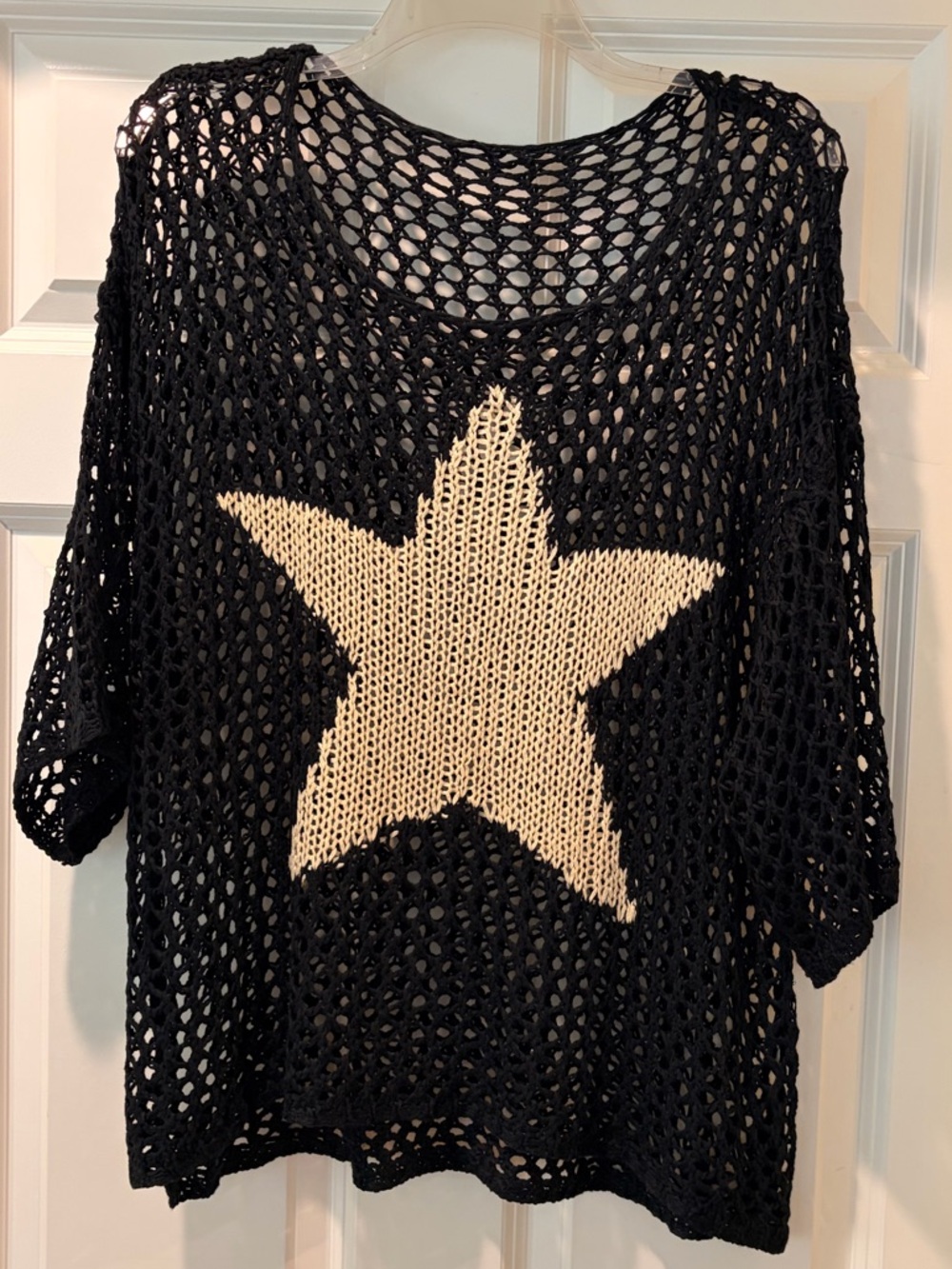 Womens Black Open-Knit Sweater with Cream Star